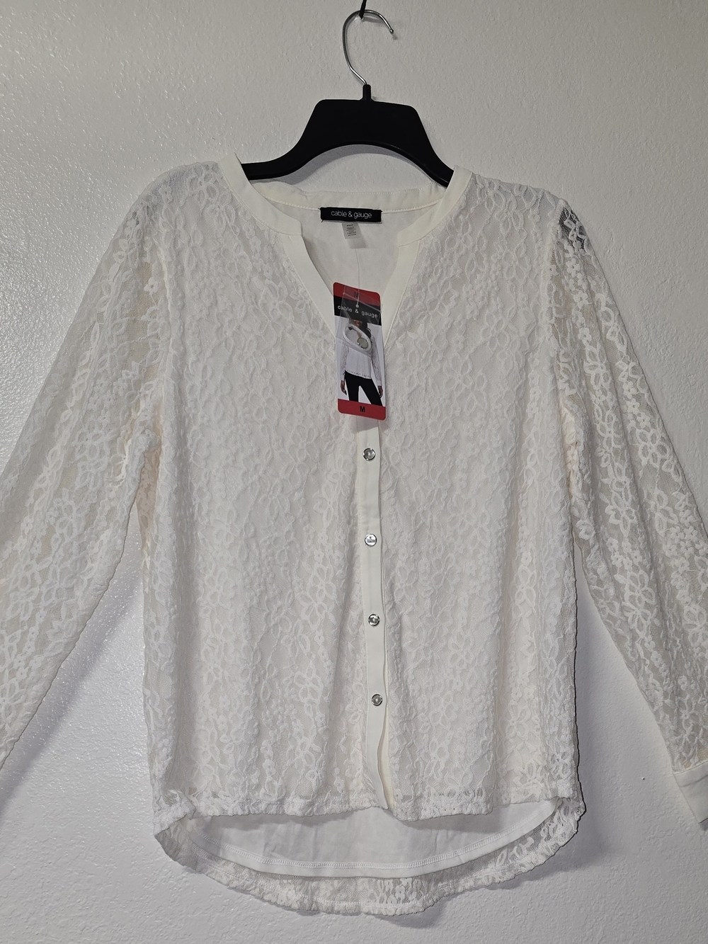 Cable & Gauge White Lace Button-Front Women's Top